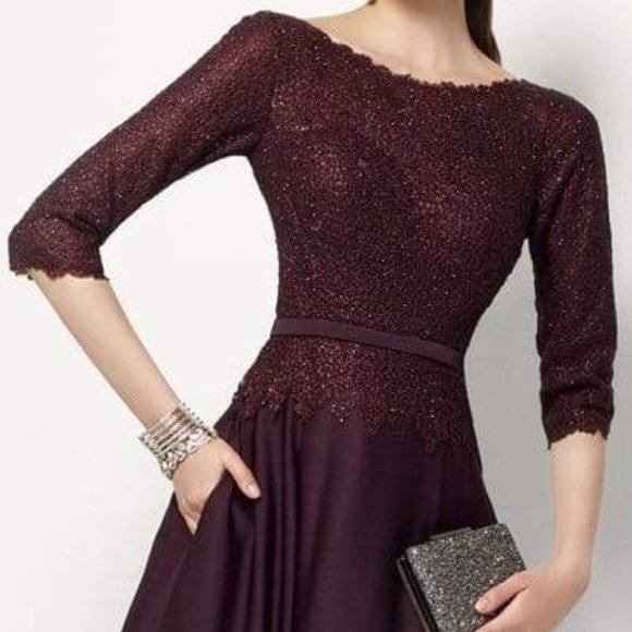 Alyce Paris Quarter Sleeved Bateau Neckline Crepe Lace A-Line Dress 27099 - Picture 4 of 9